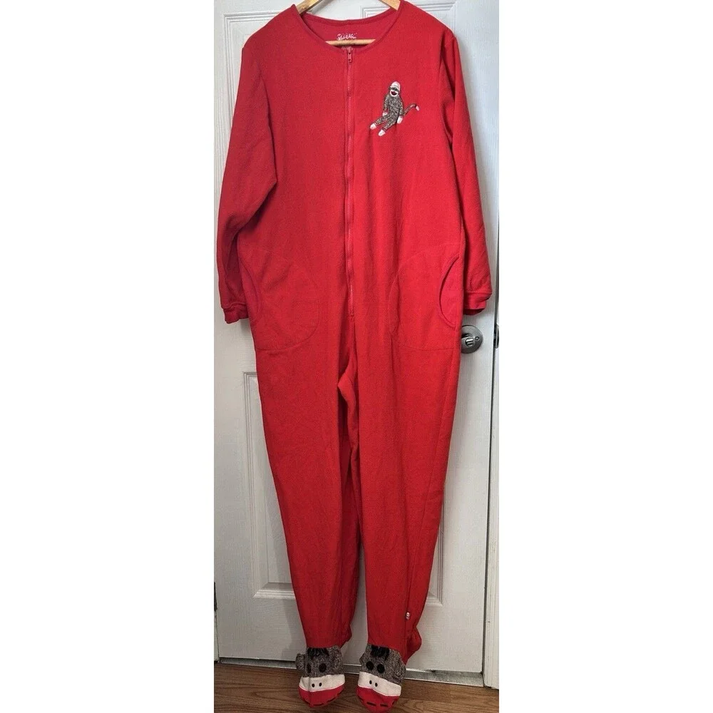 Sock Monkey Footie Fleece Adult Pajamas Pockets Zip Red Animal Sleepwear Large
